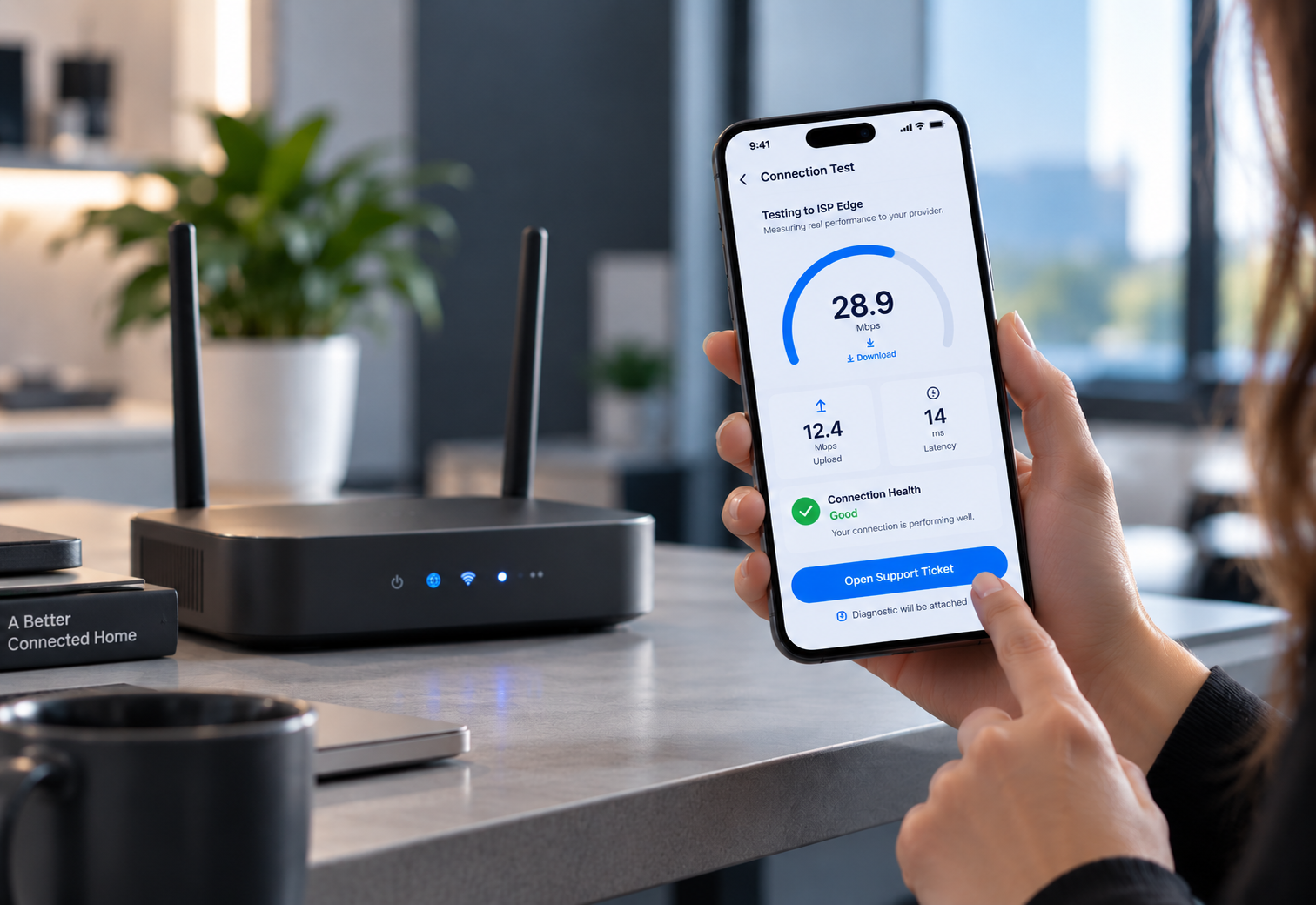 Subscriber App — speed test result with connection health diagnostic
