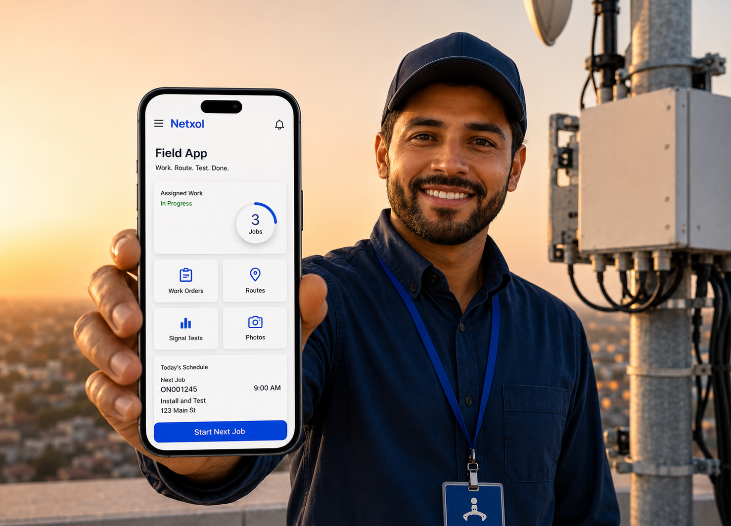 Field Engineer App on a smartphone — job board and route maps