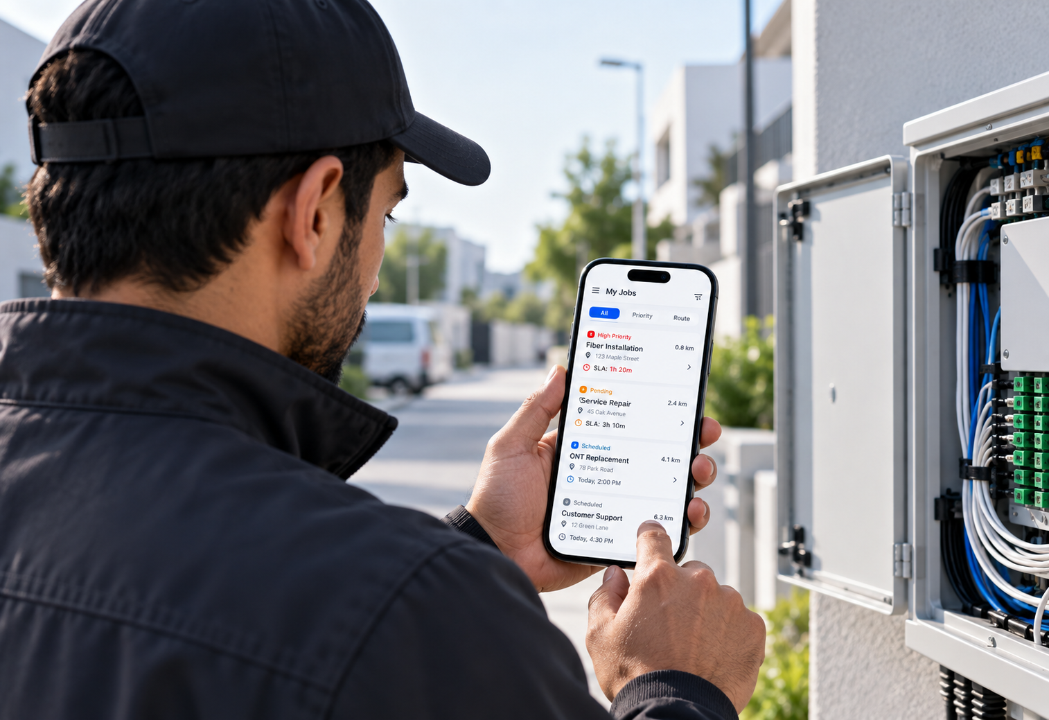 Field Engineer App — live work-order board with priority and SLA columns