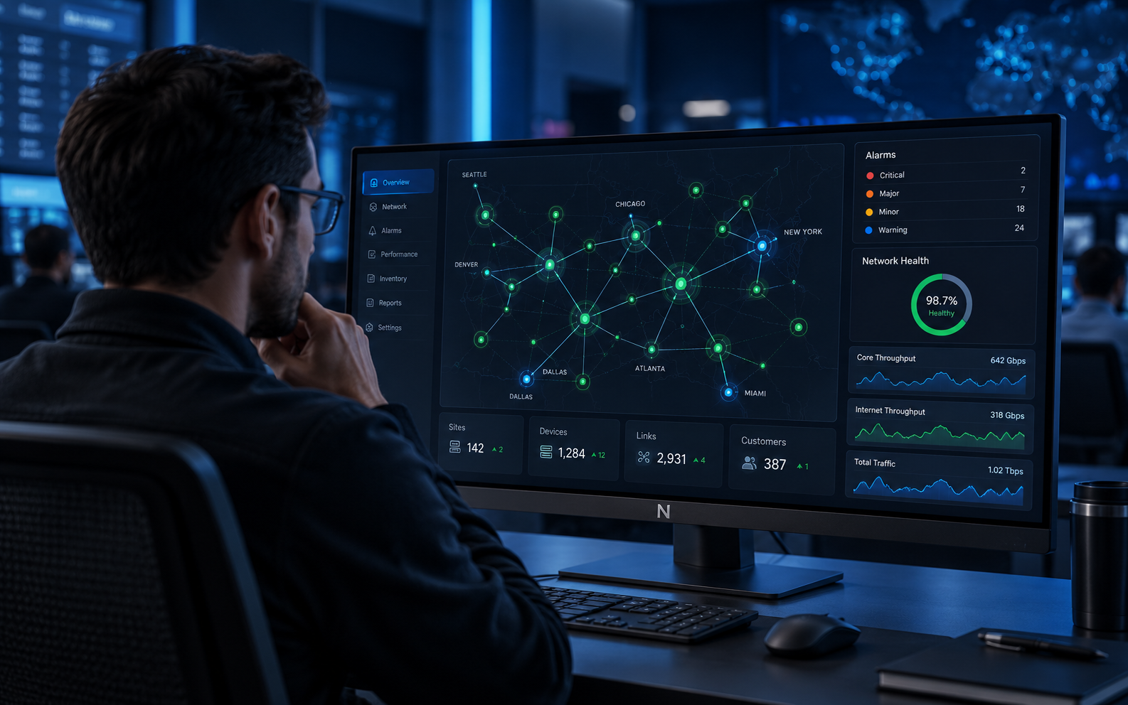 Netxol NMM console — network topology, OLT status and alarm feed